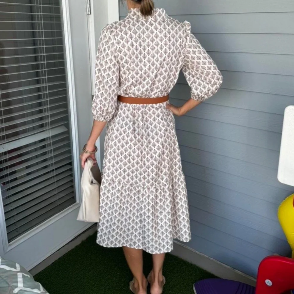 Printed Dress Lantern Sleeve Button Up White Tan - Picture 5 of 8
